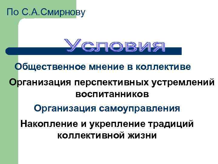По С. А. Смирнову Общественное мнение в коллективе Организация перспективных устремлений воспитанников Организация самоуправления