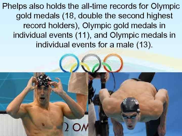 Phelps also holds the all-time records for Olympic gold medals (18, double the second
