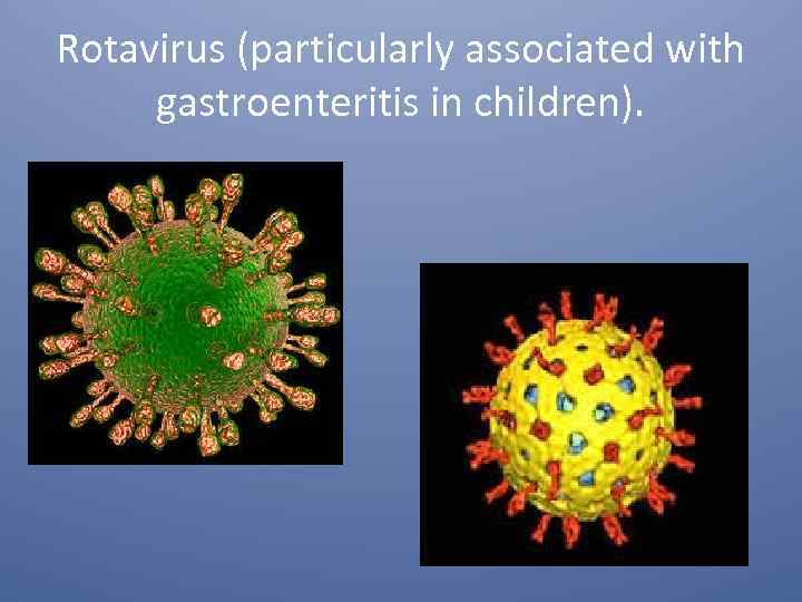 Rotavirus (particularly associated with gastroenteritis in children). 