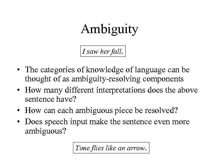 Ambiguity I saw her fall. • The categories of knowledge of language can be