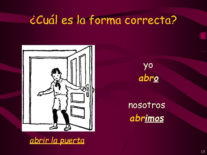 ¿Cuál es la forma correcta? yo abro nosotros abrimos abrir la puerta 15 