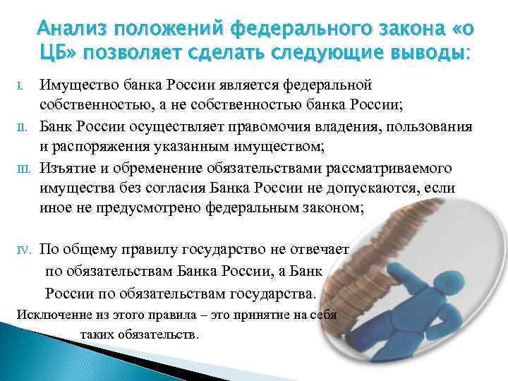 Анализ положений федерального закона «о ЦБ» позволяет сделать следующие выводы: I. III. IV. Имущество