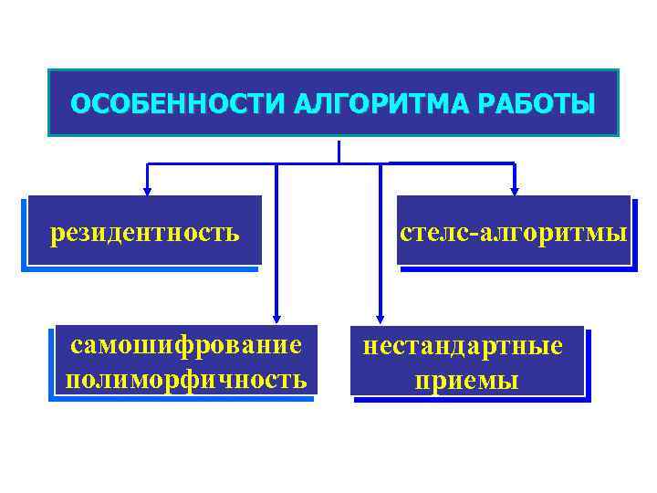 ОСОБЕННОСТИ АЛГОРИТМА РАБОТЫ резидентность самошифрование полиморфичность стелс-алгоритмы нестандартные приемы 