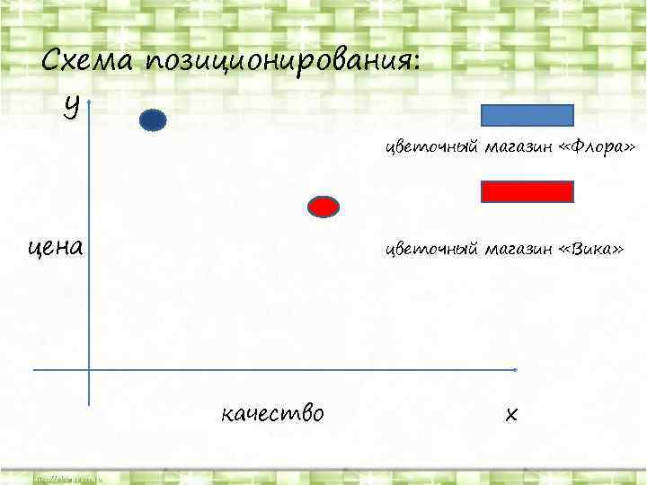 Схема позиционирования: y цветочный магазин «Флора» цена цветочный магазин «Вика» качество х 