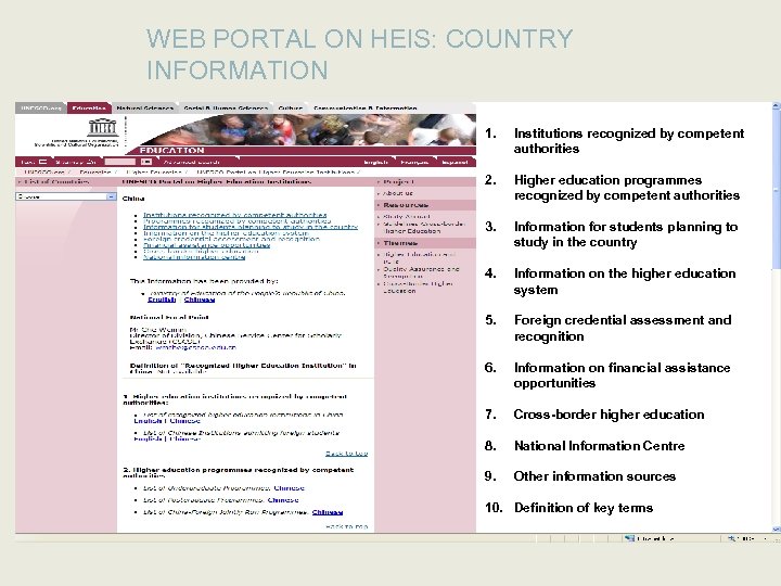 WEB PORTAL ON HEIS: COUNTRY INFORMATION 1. Institutions recognized by competent authorities 2. Higher