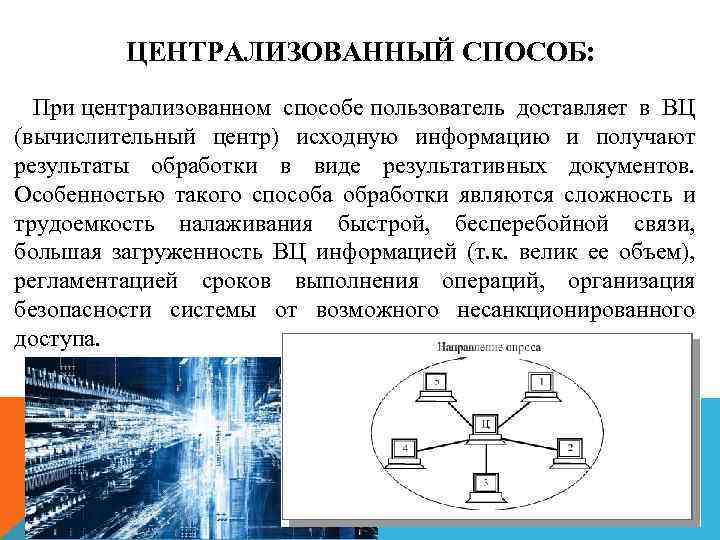 ЦЕНТРАЛИЗОВАННЫЙ СПОСОБ: При централизованном способе пользователь доставляет в ВЦ (вычислительный центр) исходную информацию и