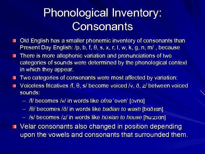 Phonological Inventory: Consonants Old English has a smaller phonemic inventory of consonants than Present
