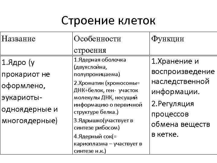 Строение клеток Название Особенности строения Функции 1. Ядро (у прокариот не оформлено, эукариотыодноядерные и