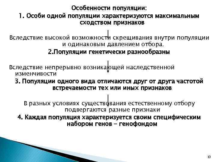 Особенности популяции: 1. Особи одной популяции характеризуются максимальным сходством признаков Вследствие высокой возможности скрещивания