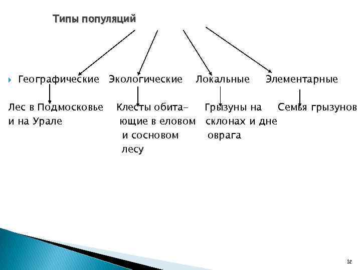 Типы популяций Географические Экологические Лес в Подмосковье и на Урале Локальные Элементарные Клесты обита.