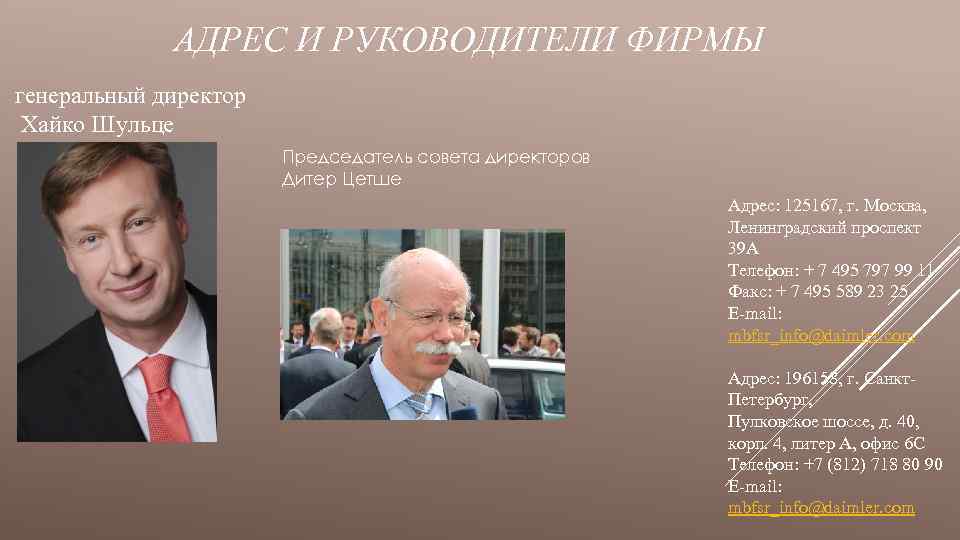 АДРЕС И РУКОВОДИТЕЛИ ФИРМЫ генеральный директор Хайко Шульце Председатель совета директоров Дитер Цетше Адрес: