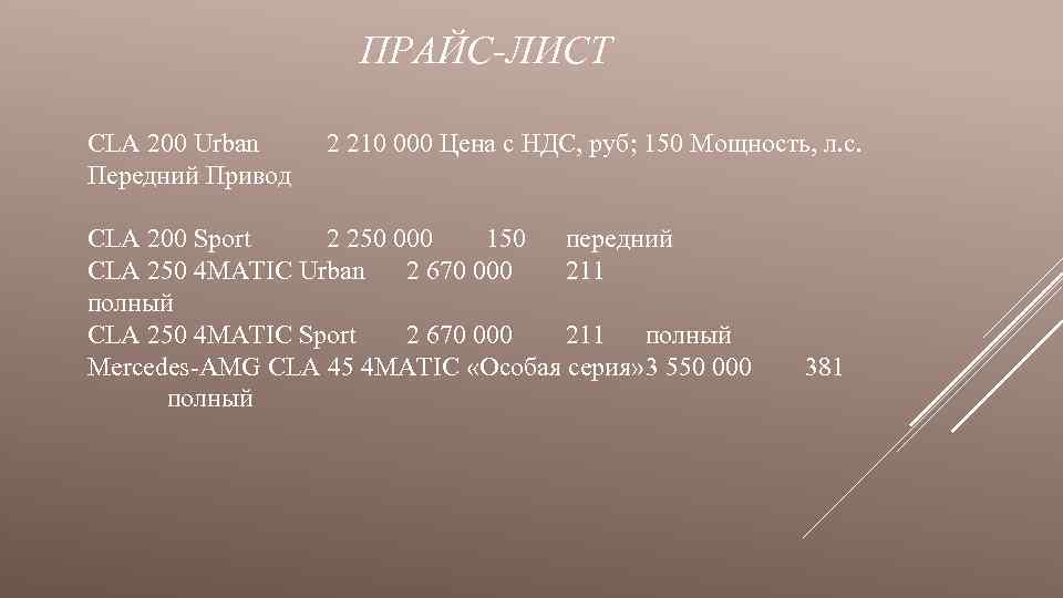 ПРАЙС-ЛИСТ CLA 200 Urban Передний Привод 2 210 000 Цена с НДС, руб; 150