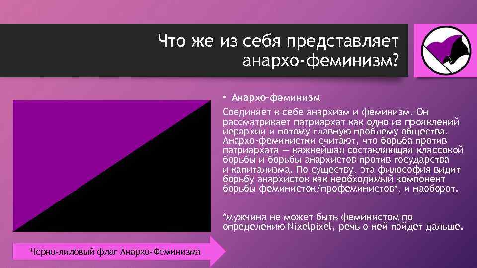 Что же из себя представляет анархо-феминизм? • Анархо-феминизм Соединяет в себе анархизм и феминизм.