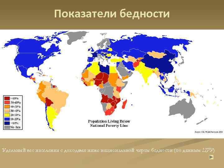 Показатели бедности Удельный вес населения с доходами ниже национальной черты бедности (по данным ЦРУ)