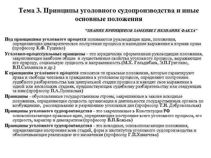 Тема 3. Принципы уголовного судопроизводства и иные основные положения “ЗНАНИЕ ПРИНЦИПОВ ЗАМЕНЯЕТ НЕЗНАНИЕ ФАКТА”