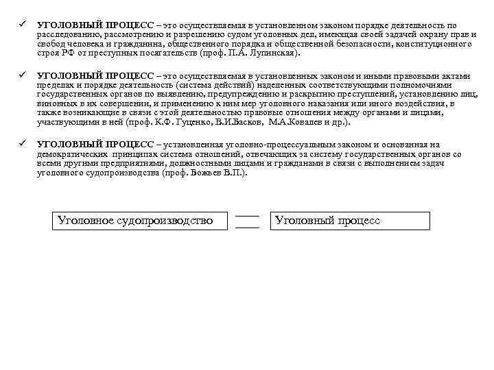 ü УГОЛОВНЫЙ ПРОЦЕСС – это осуществляемая в установленном законом порядке деятельность по расследованию, рассмотрению