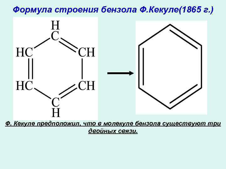 Формула строения бензола Ф. Кекуле(1865 г. ) Ф. Кекуле предположил, что в молекуле бензола