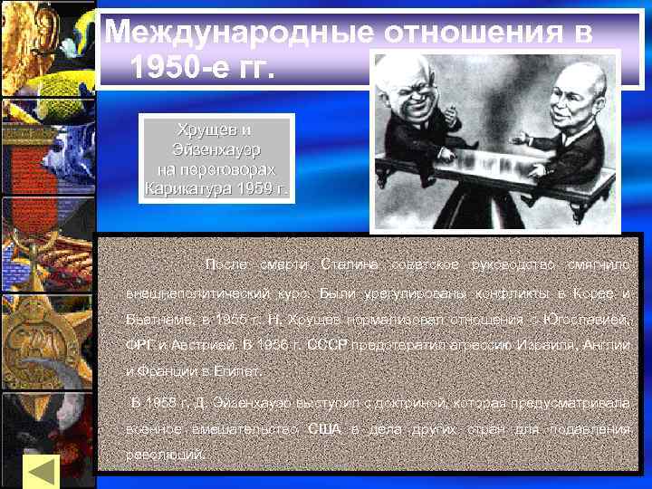 Международные отношения в 1950 -е гг. Хрущев и Эйзенхауэр на переговорах Карикатура 1959 г.