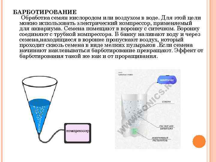 БАРБОТИРОВАНИЕ Обработка семян кислородом или воздухом в воде. Для этой цели можно использовать электрический