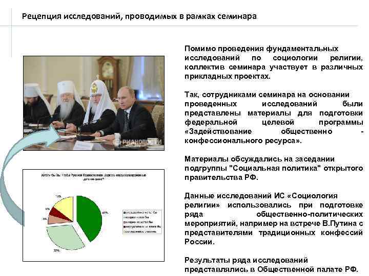 Рецепция исследований, проводимых в рамках семинара Помимо проведения фундаментальных исследований по социологии религии, коллектив