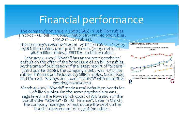 Financial performance The company's revenue in 2008 (RAS) - 31. 9 billion rubles. (in