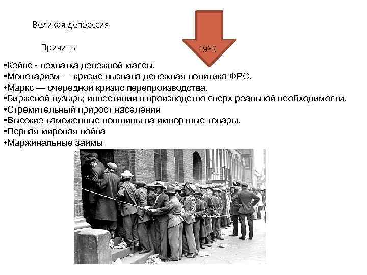 Великая депрессия Причины 1929 • Кейнс - нехватка денежной массы. • Монетаризм — кризис
