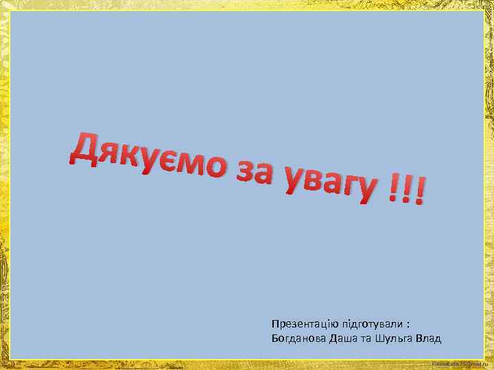 Дякуємо за увагу ! !! Презентацію підготували : Богданова Даша та Шульга Влад Fokina.