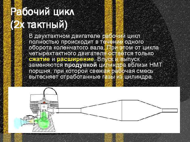 Рабочий цикл (2 х тактный) В двухтактном двигателе рабочий цикл полностью происходит в течение