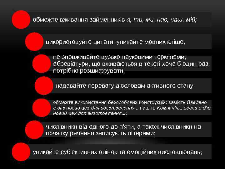 обмежте вживання займенників я, ти, ми, нас, наш, мій; використовуйте цитати, уникайте мовних кліше;