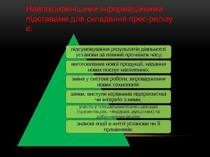 Найпоширенішими інформаційними підставами для складання прес релізу є: підсумовування результатів діяльності установи за певний