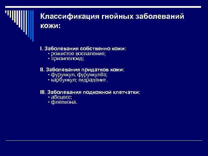 Классификация гнойных заболеваний кожи: I. Заболевания собственно кожи: • рожистое воспаление; • эризипелоид; II.