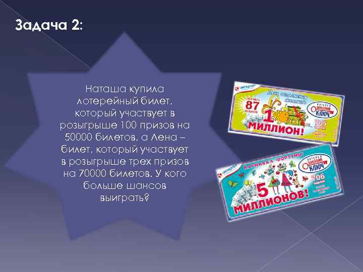 Задача 2: Наташа купила лотерейный билет, который участвует в розыгрыше 100 призов на 50000