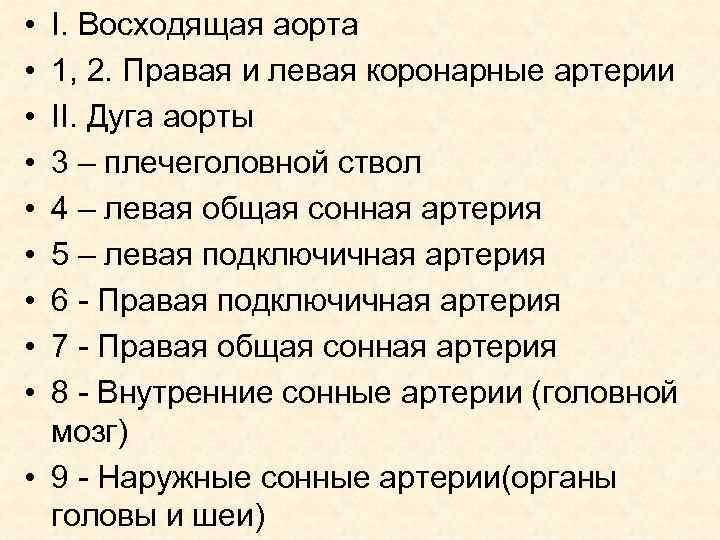  • • • I. Восходящая аорта 1, 2. Правая и левая коронарные артерии