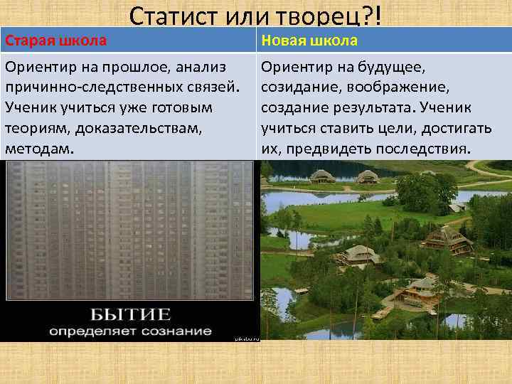 Старая школа Статист или творец? ! Ориентир на прошлое, анализ причинно-следственных связей. Ученик учиться