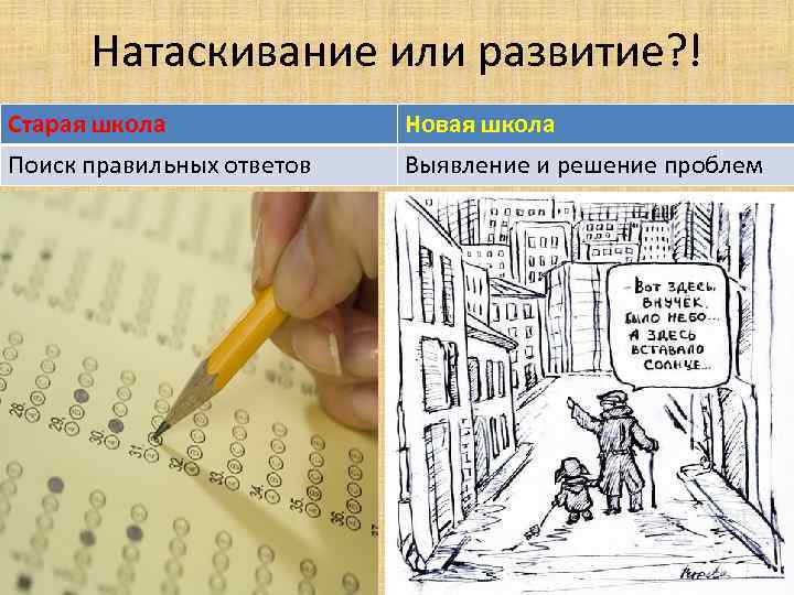 Натаскивание или развитие? ! Старая школа Новая школа Поиск правильных ответов Выявление и решение