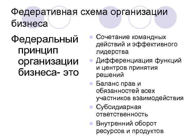 Федеративная схема организации бизнеса Федеральный принцип организации бизнеса- это l l l Сочетание командных