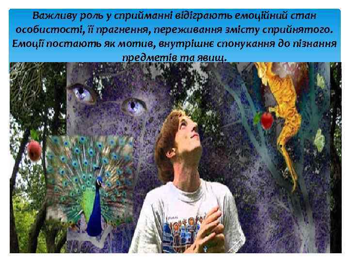 Важливу роль у сприйманні відіграють емоційний стан особистості, її прагнення, переживання змісту сприйнятого. Емоції