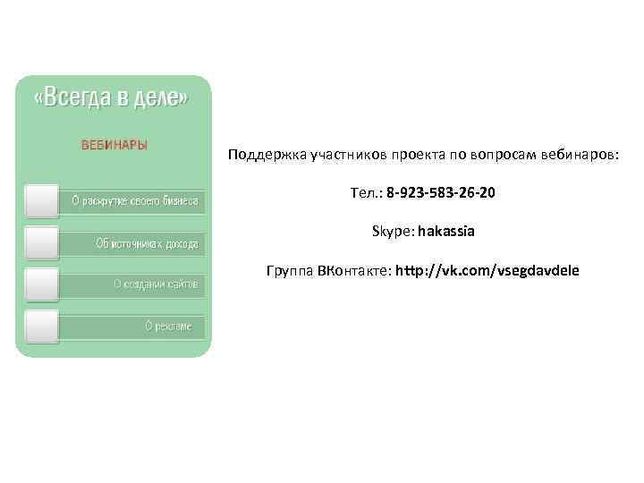 Поддержка участников проекта по вопросам вебинаров: Тел. : 8 -923 -583 -26 -20 Skype: