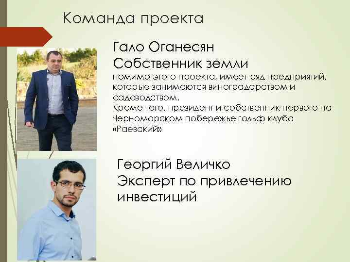Команда проекта Гало Оганесян Собственник земли помимо этого проекта, имеет ряд предприятий, которые занимаются