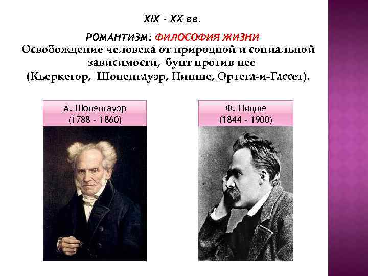 XIX – XX вв. РОМАНТИЗМ: ФИЛОСОФИЯ ЖИЗНИ Освобождение человека от природной и социальной зависимости,