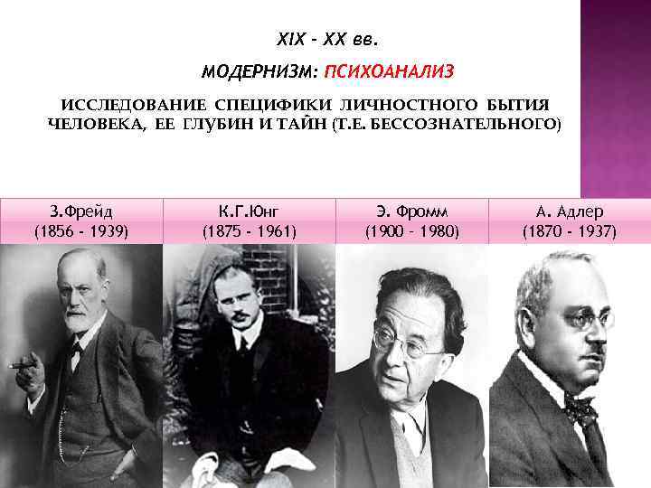 XIX – XX вв. МОДЕРНИЗМ: ПСИХОАНАЛИЗ ИССЛЕДОВАНИЕ СПЕЦИФИКИ ЛИЧНОСТНОГО БЫТИЯ ЧЕЛОВЕКА, ЕЕ ГЛУБИН И