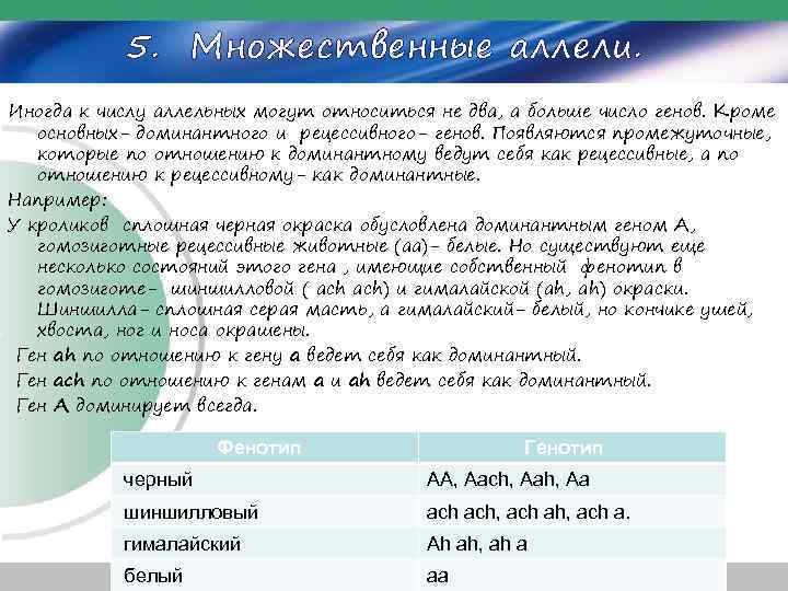 5. Множественные аллели. Иногда к числу аллельных могут относиться не два, а больше число