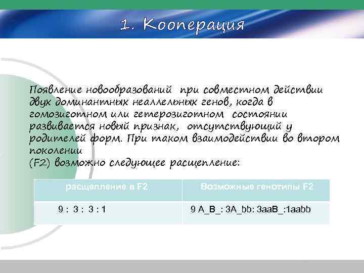 1. Кооперация Появление новообразований при совместном действии двух доминантных неаллельных генов, когда в гомозиготном