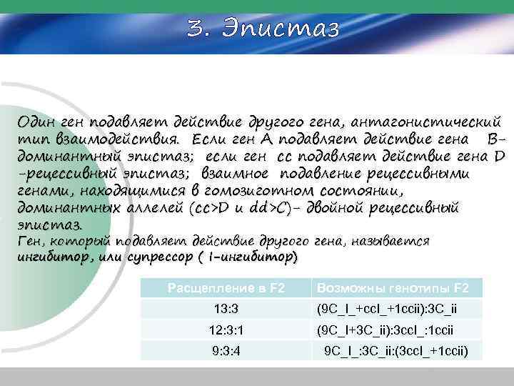 3. Эпистаз Один ген подавляет действие другого гена, антагонистический тип взаимодействия. Если ген А