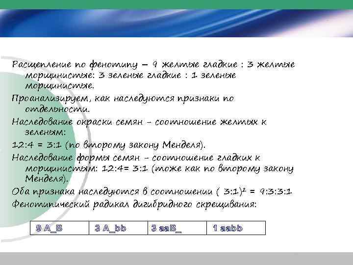 Расщепление по фенотипу – 9 желтые гладкие : 3 желтые морщинистые: 3 зеленые гладкие