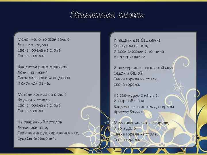 Зимняя ночь Мело, мело по всей земле Во все пределы. Свеча горела на столе,