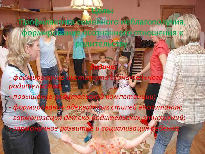 Цель: Профилактика семейного неблагополучия, формирование осознанного отношения к родительству. Задачи: - формирование института сознательного