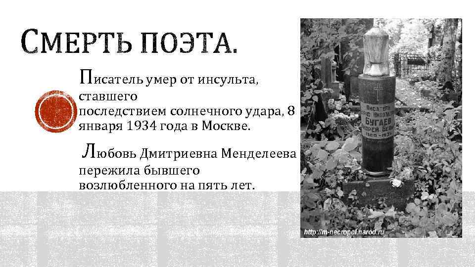 Писатель умер от инсульта, ставшего последствием солнечного удара, 8 января 1934 года в Москве.