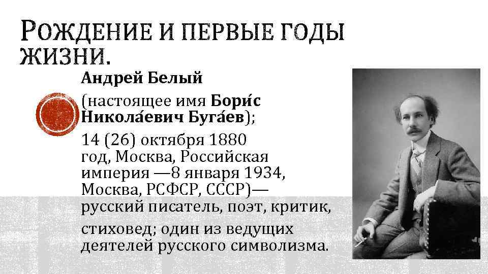 Андрей Белый (настоящее имя Бори с Никола евич Буга ев); 14 (26) октября 1880