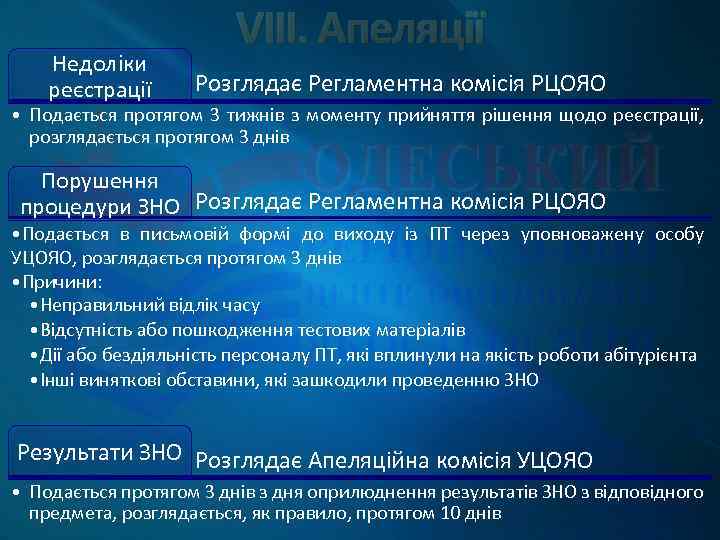 Недоліки реєстрації VIII. Апеляції Розглядає Регламентна комісія РЦОЯО • Подається протягом 3 тижнів з